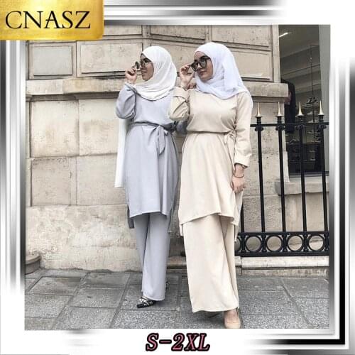 2019 New Fashion Simple Fresh Muslim Lace Suit Turkish Marocain Abayas For Women Hijab Clothes Islamic Long Shirt Pants Set