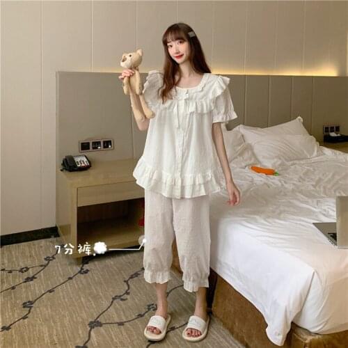 Square Collar Summer Pajamas Set Women Ruffles Short Sleeve Single Breasted Shirts + Pants Set White Cotton Home Suit Sweet