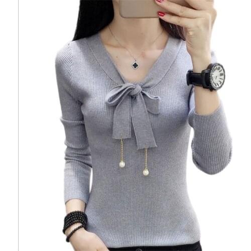 Long Sleeve Sexy V-Neck Women Knitted Sweater2018Lace-Up Fashion Pullovers Knitted Sweater Female Slim Autumn Winter SweaterQ545