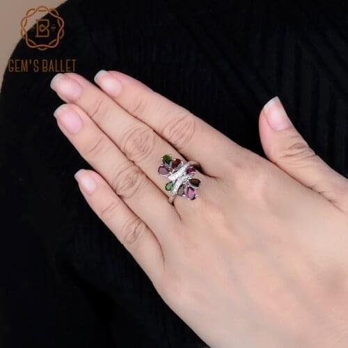 GEMS BALLET Fashion Wedding Natural Chrome Diopside Rhodolite Garnet Tourmaline Ring 925 Sterling Silver Rings Womens Gift