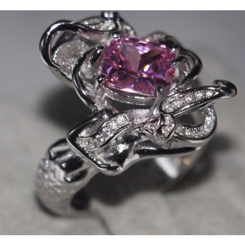 Size 5-11 New Fashion Jewelry 925 Sterling Silver Cushion Shape Handmade Pink Clear 5A CZ Zirconia Wedding Women Mermaid Ring