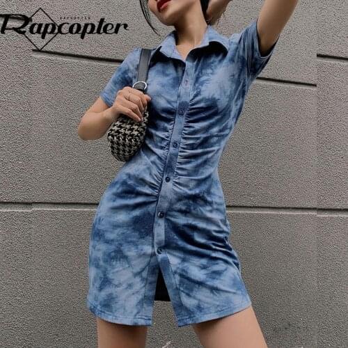 Rapcopter Tie Dye Blue Mini Dress y2k Vintage Knitted Skinny Short Dress Single-Breasted Women Short Sleeve Sundress Korean 2021
