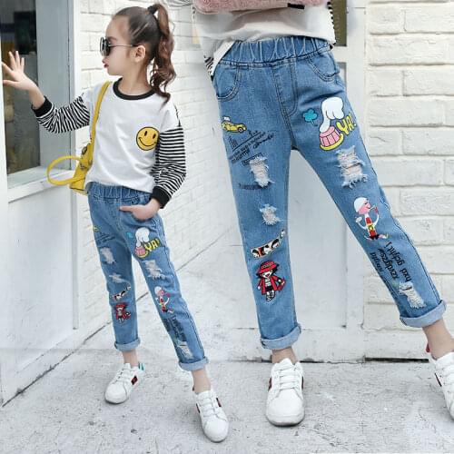 Teenage Girls Jeans 2021 Spring Summer Children Broken Hole Pants Kids Denim Trousers Cartoon 4 6 8 10 12 14 Years Old