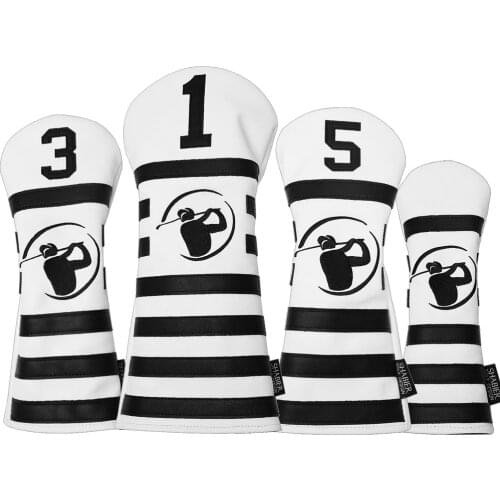 White PU Leather Driver Golf Club Headcovers 1 3 5 x Set Black Stripes