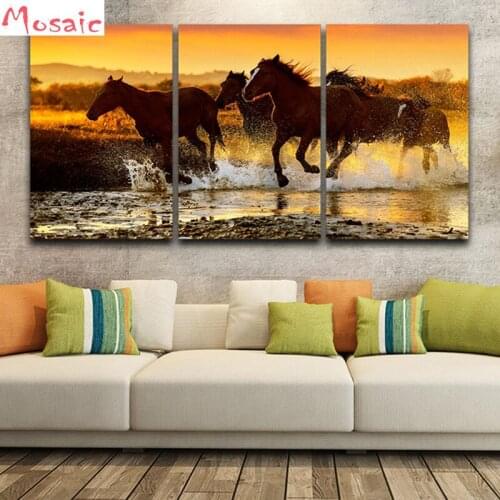 Wall Art diy diamond Painting Home Decor 3 pcs Horse Sunset Landscape Picture diamond embroidery For Living Room Poster Artwork