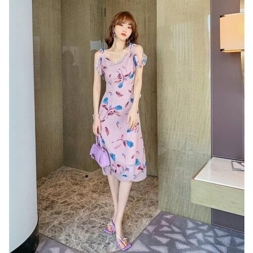 Print Floral Sweet Cute Woman Dresses Summer Off Shoulder Bodycon Streetwear Casual Halter Beach Slip Dress Lady Korean Fashion