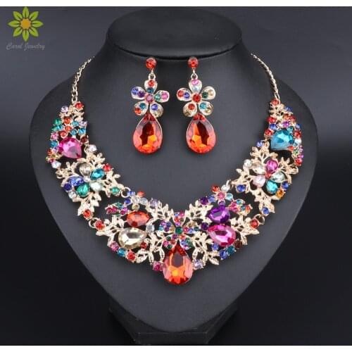 Fashion Multicolor Flower Crystal Necklace Earrings Set Bridal Jewelry Sets for Brides Wedding Party Costume Jewellery Sets