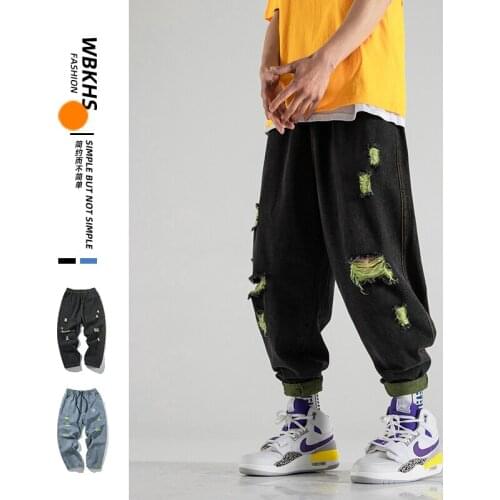 2021 Autumn Men Fashion Slacks Ripped Jeans Loose Casual Trousers