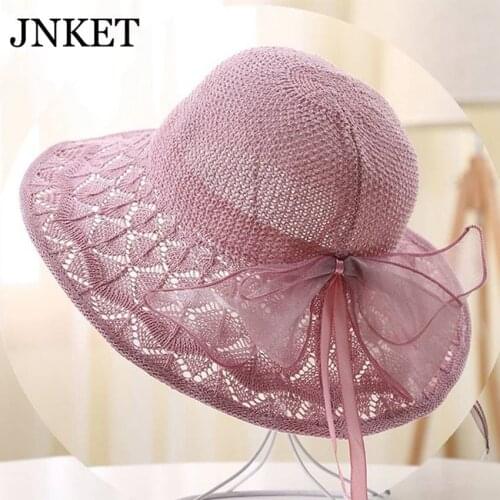 JNKET Summer Breathable Mesh Knitting Sunbonnet Bowknot Bucket Hats Womens Sunhat Outdoor Foldable Beach Cap Casquette Gorras