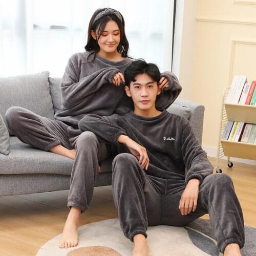 Pajamas For Couples Set Thick Warm Coral Fleece Homewear Winter Lounge Mens Clothing Soft Loose Pajamas Women Home Clothes Suit