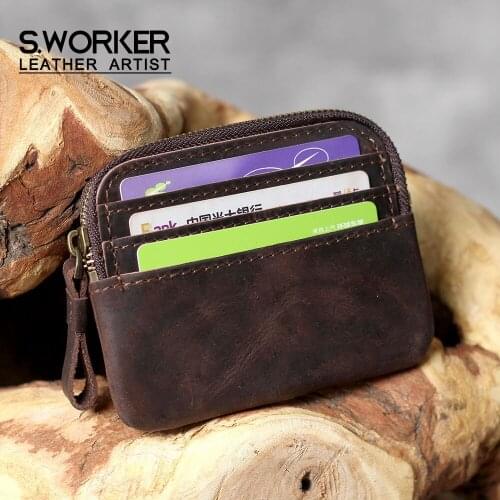 S.WORKER Genuine Leather Coin Purse card Holder Concise Style Crazy Horse Cowhide Leather Card pack Handmade change Purse