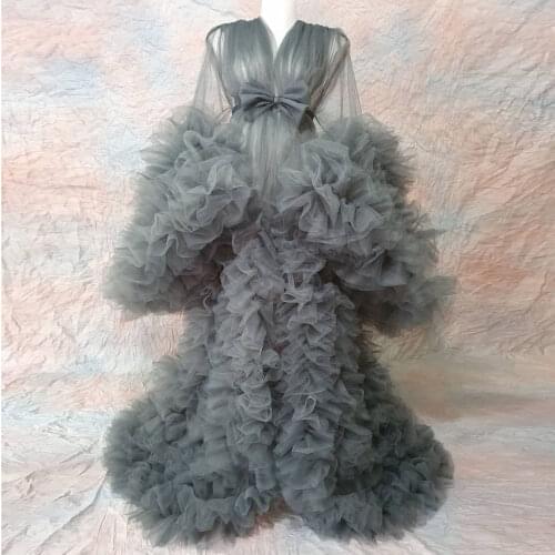 Dark Grey Exquisite Classic Women Dress Tulle Layered Ruffles Evening Dresses Bows Floor Length Custom Made