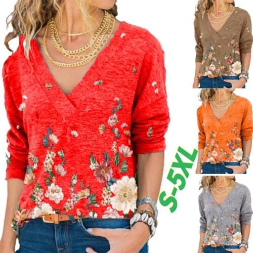 Long Sleeve Floral Printed Tops Ladies Loose V-neck Cotton Tops Pullover Casual T-Shirts Womens Loose Fashion Tops Pluse Size