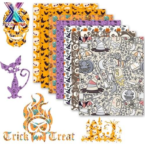 XFX HTV Wholesale 10 Pcs Halloween Heat Transfer 12X10 In Orange Pumpkin Ghost Spider Skull Print Black Vinyl Film for T Shirts