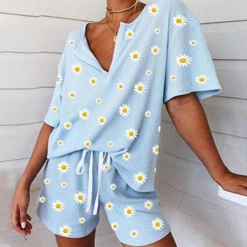 Womens Home Wear Pajamas Two Piece Set Summer Digital Printing Daisy Short Sleeve Top And Pants Nightwear Sleeping Clothes