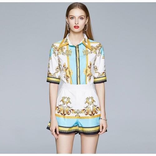 NRJ-6F-601-B-3595 Runway Sets 2020 Summer Women Short Sleeve Luxury Top + Shorts Suit 2 Piece Set Women