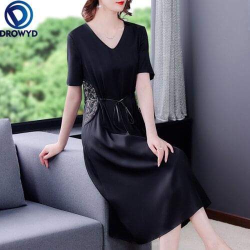 Summer Solid Floral Embroidery Midi Dress 2021 Women Vintage Black V-neck Mulberry Silk Dresses Elegant Bodycon Party Vestidos