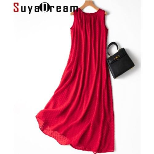 SuyaDream Woman Midi Dress 100%Silk Dots Sleeveless A-Line Dresses 2021 Spring Summer Red Beach Dresses