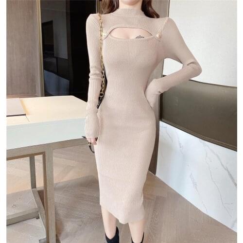 2021spring and winter new fashion slim tight sexy bottoming package hip dress mid-length hole knitted dress women