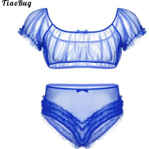 TiaoBug Summer 2Pcs Mens Sissy See Through Sheer Mesh Swimming Bikini Lingerie Set Short Sleeves Crop Top With Underwear Panties