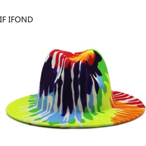 2021 Spring Multicolor Wool Jazz Fedora Hats Men Women Tie-dye Wide Brim Felt Hat Panama Trilby Formal Party Cap