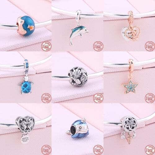 New 925 Sterling Silver Summer Ocean Series Charm Beads Fit Original Pandora Charms Bracelet Dolphin Starfish Sea Jewelry