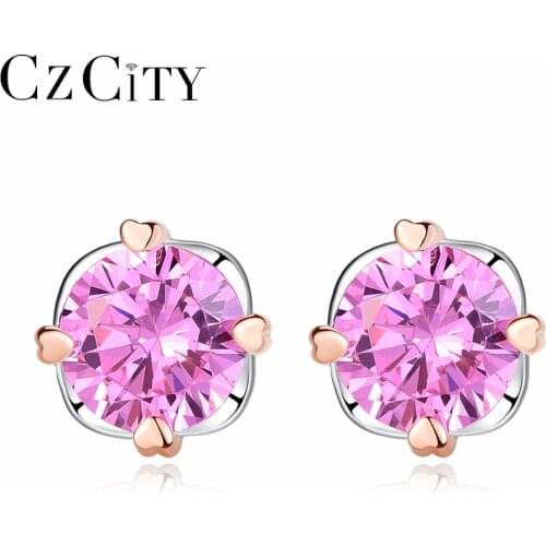 CZCITY Pink Zircon Stone Crystal Small Earrings Stud Earrings Stud Genuine Sterling Silver 925 Women Jewelry Brand New Fashion