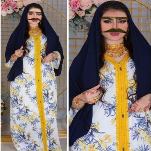 Dubai Ladies Embroidery Printed Long Party Dress Fashion Muslim Loose Robe V-Neck Kaftan Abaya Turkish Womens Retro Maxi Gown