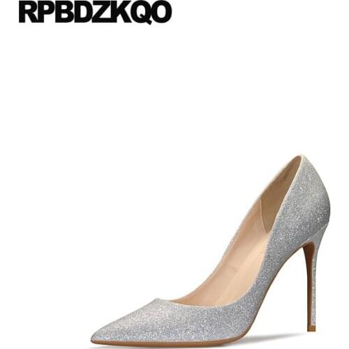 Extreme Ultra Thin Silver Glitter Pumps Dress Women Super 10 42 Pointed Toe High Heels Slip On Scarpin Plus Size 8cm Shoes 33