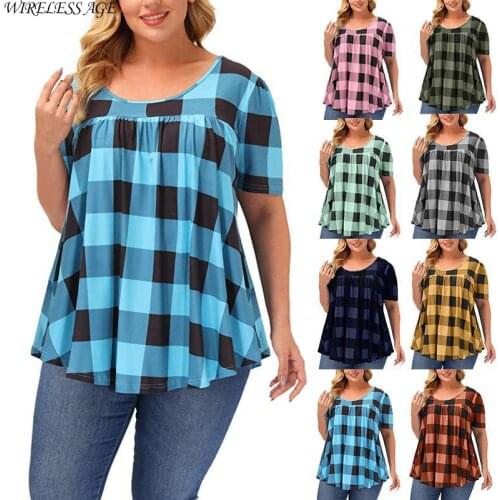 WIRELESS AGE T Shirt Women Short Sleeve Round Neck Plaid Splicing Large Size Loose Commute Womens Tops New Summer Fashion Wild