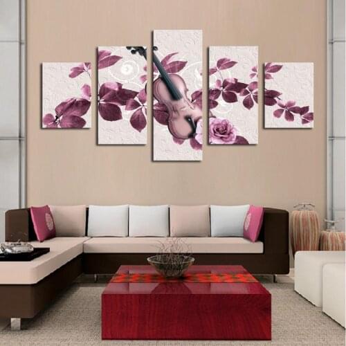 Unframed 5 Panels Purple Flowers and Violin Print Oil Painting Modern Canvas Wall Art for Wall Decor Home Decoration Artwork