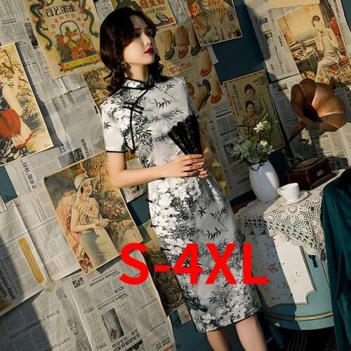 Chinese Cheongsam Dress Improved Cheongsam Qipao Ice Silk with Three-sleeved Side Split Dress 4xl Plus Size Bodycon Sexy Summer
