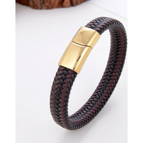 12mm Classic Braided Leather Rope Chain Men Bracelet Stainless Steel Magnetic Clasp Bracelets For Women Unisex Wrist Jewelry