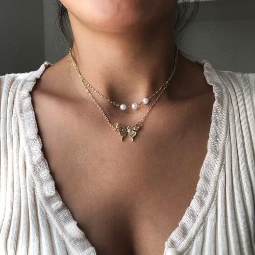 Lalynnly Cute Imitation Pearl Butterfly Pendant Necklace For Women Simple Double-layer Chain Necklace Clavicle Chain ChokerN7678