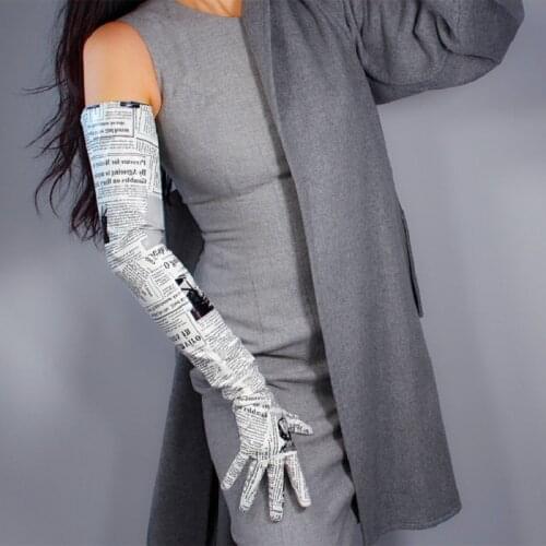 Latex Long Gloves Shine Faux Leather PU 28" 70cm Newspaper Print Black White Contrast Medium Size for Girls Evening Party ST382