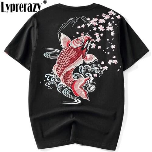 Lyprerazy New Summer Chinese Style Carp Embroidery T-Shirt Original Brand Cotton Casual Men Tee Shirt Tops