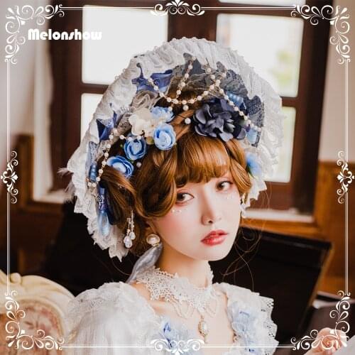 Melonshow Lolita Accessories Womens Headwear Vintage Lolita Bonnet Victorian Hat Lace Headbands Bow Beaded Sweet Hairbands