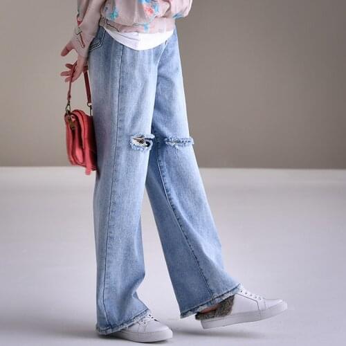 MICOCO N0297 Wash old ripped high-waisted wide-leg straight leg jeans