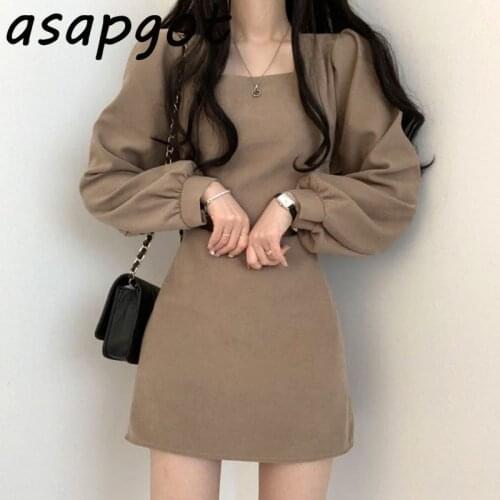 Vintage Chic Autumn Temperament Slim Square Neck Puff Sleeve Dress Short Casual Full Wild Korean Fashion Vestido De Mujer