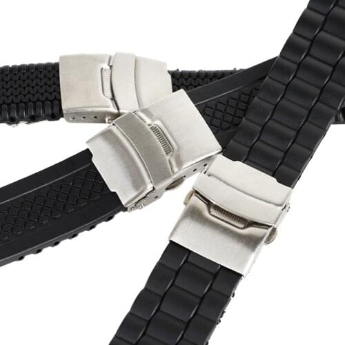3Styles Black Watch Band Soft Silicone Rubber Strap Stainless Steel Deployment Clasp Bracelet Wrist WatchBand 20mm 22mm 24mm