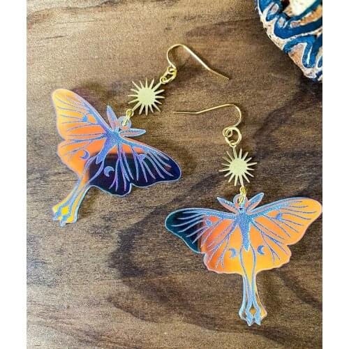 Handmade moon & Luna Moth Celestial Dangle Drop Earrings/Witchy Gothic Earrings