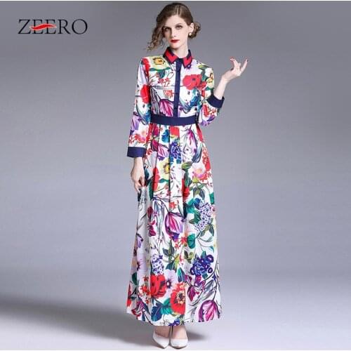 Vintage Printing Summer Autumn Long Shirt Dress Elegant Turn-down Collar Female High Waist Flower Print Maxi Long Party Dress