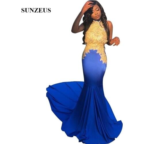 Royal Blue Prom Dresses With Gold Appliques Lace Mermaid High Neck Backless Party Gowns For Black Girls gala jurken dames