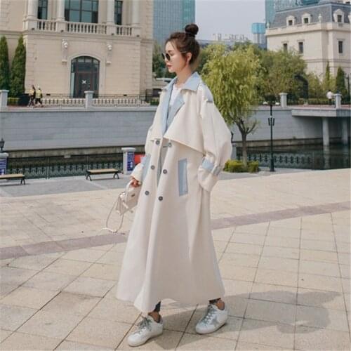 Women Windbreaker New Fashion Stitching Long Overcoat Spring Autumn Korean Double Breasted Trench Coat Female Clothes Tide H1639