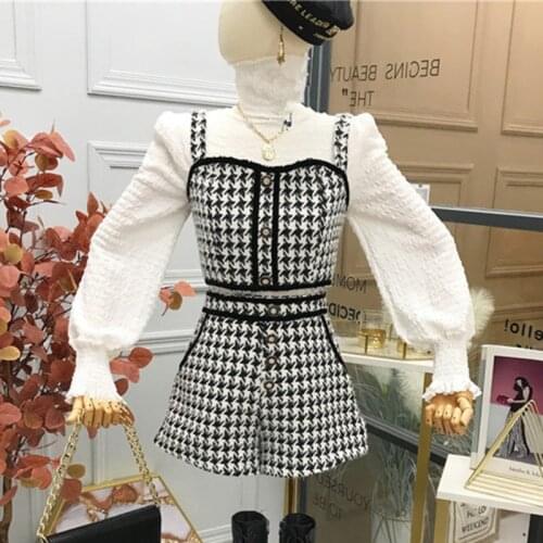 Fall Vintage Houndstooth Tweed 3 Piece Set Women Turtleneck Shirt Blouse + Vest Crop Top + Shorts Suits Korean Sweet Pant Suits