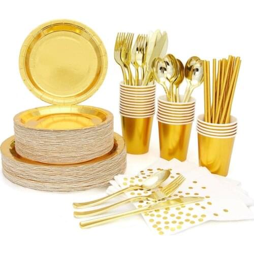 High Quality Hot Stamping Gold Disposable Tableware Gold Plate/Napkin/Cup Adult Happy Birthday Party Decor Kids Wedding Supplies