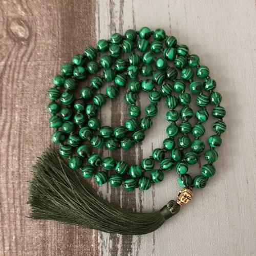 108 Beads Green Malachite With Tassel Mala Necklace Hand Knotted Buddha Prayer Beads Meditation Necklace Japa Mala Necklaces