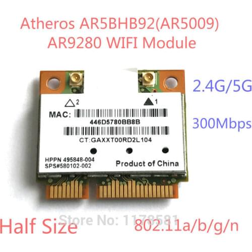 Atheros AR5BHB92 AR9280 AR5009 Dual-Band 2.4G/5GHz 802.11a/b/g/n 300Mbp Wireless wifi half mini pci-e Card