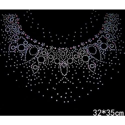 Big neckline rhinestones motif hot fix rhinestone transfer motifs iron on transfer patches applique for shirt