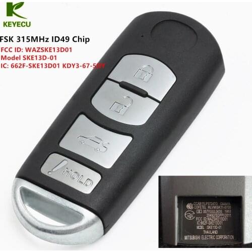 KEYECU Replacement Smart 4 Button Remote Key 315MHz ID49 Chip for Mazda 3 6 2014-2018 , for 2016-2019 Miata MX-5 WAZSKE13D01